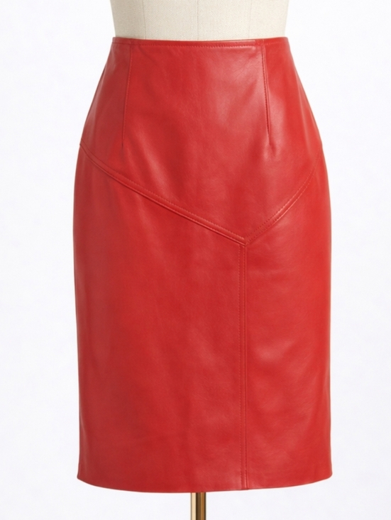 Vintage Dresses & Skirts - Vintage 80s Lanna Red Leather Pencil Skirt High Waisted Asymmetric Size 10 Small